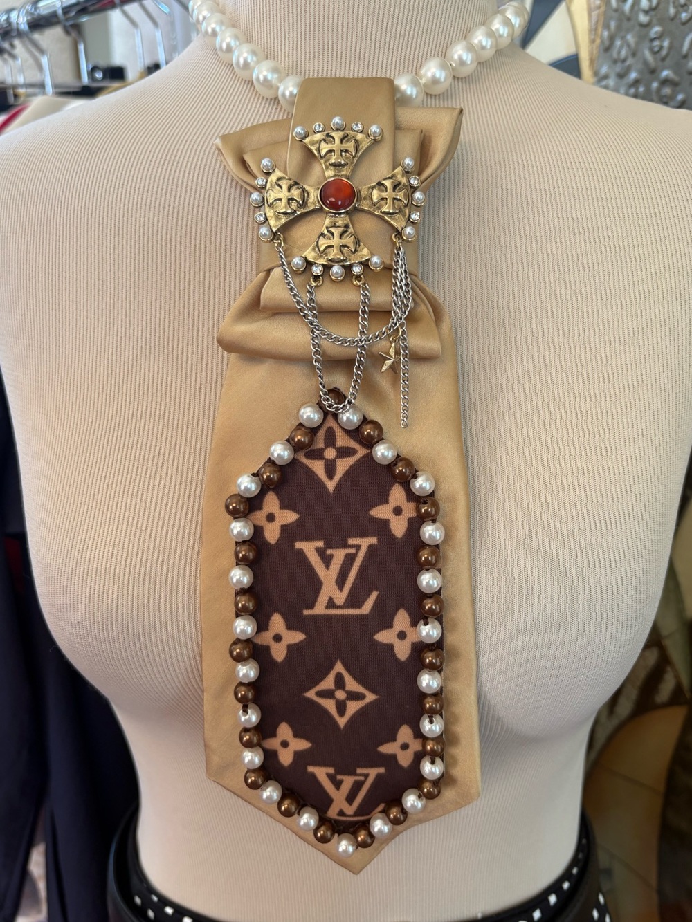 Luxury-Inspired Gold and Brown Monogram Statement Necklace with Pearls